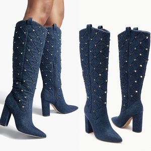 Shoedazzle Dark Denim Gold Spiked Studded Heeled Boots Ladies Size 8